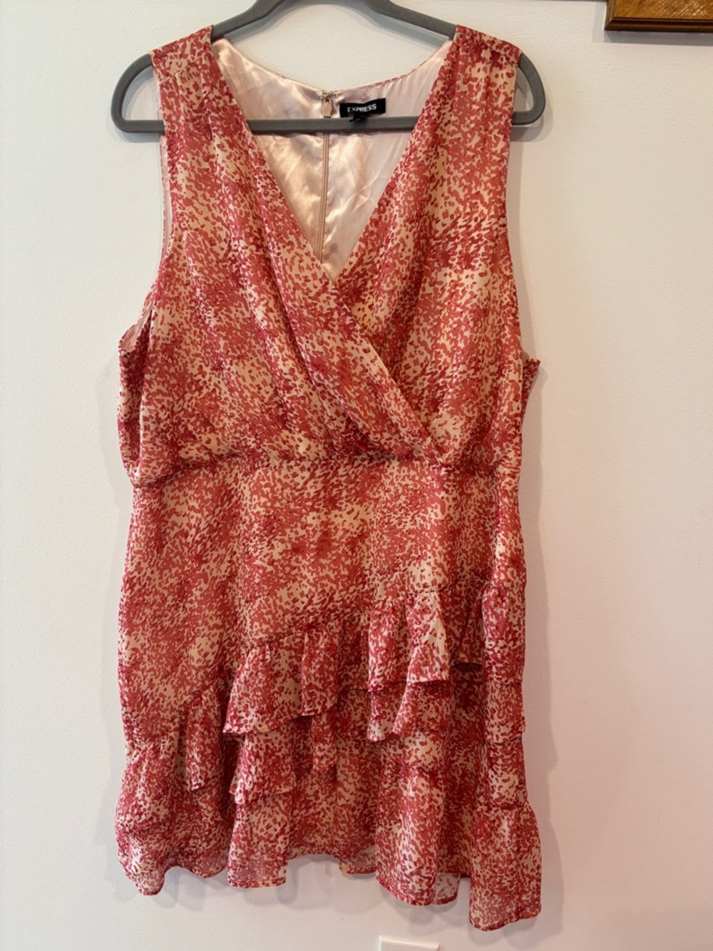 Express Pink and Cream Printed Wrap-Style V Neck Ruffle Dress - Women’s XL